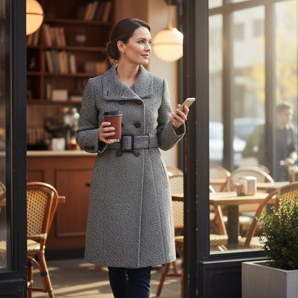 Château Manteau Femme Large Laine Noir Tissé Double Boutonnage mi-long - Picture 1 of 8